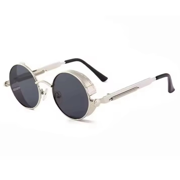 Retro Round Steampunk Silver Metallic Sunglasses UV400 Men & Women Bikercore - Picture 4 of 15